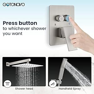 gotonovo Push Button Rain Shower System Rainfall Shower Head with Handheld Shower Wall Mount Pressure Balance Valve Included Dual Functions Luxury Shower Faucet Set 10 Inch Brushed Nickel