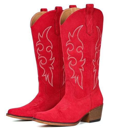 Image of IUV Cowboy Boots For Women Western Cowgirl Boots Mid Calf Snip Toe Boot With Chunky Heel