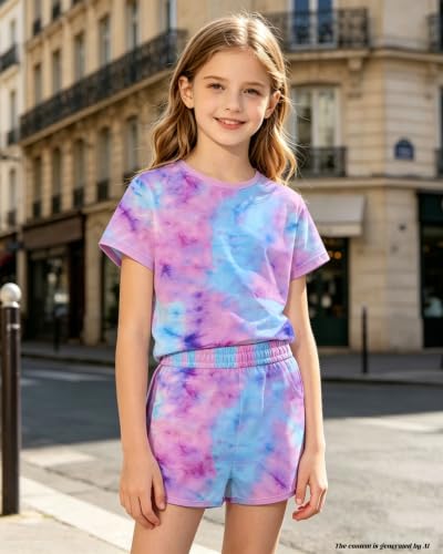 Image of Bestuline Girls Summer 2 Piece Outfits,Basic Short Sleeve Top & Shorts Set with Side Pockets,4-14Y