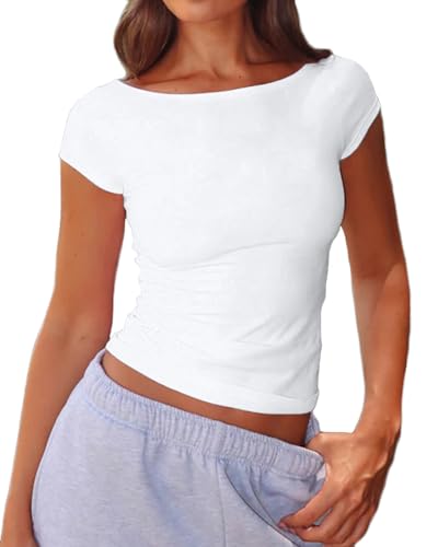 Beumissy Women's Boat Neck Short Sleeve T-Shirts Y2K Cute Going Out Tops Summer Baby Tees