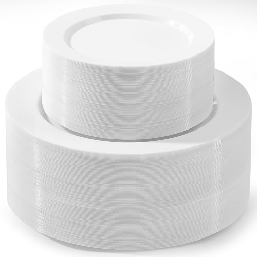ROCOHANTI 200 PCS White Plastic Plates, Plastic Disposable Plates Include 100 Dinner Plate and 100 Dessert Plate Perfect for Holiday, Birthday, Wedding & Party