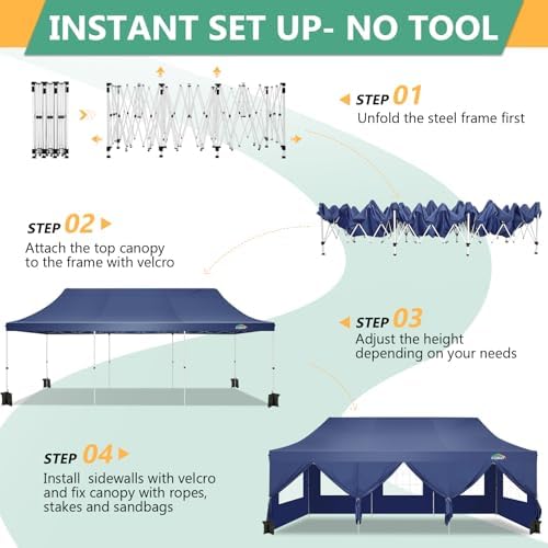 Image of COBIZI 10x30 Pop Up Canopy Tent with 8 Removable Sidewalls, Easy Setup Canopy with Roller Bag & Sandbags,Waterproof and UPF50+ Gazebo Tent, Outdoor Gazebo for Party Wedding BBQ Events,(White.
