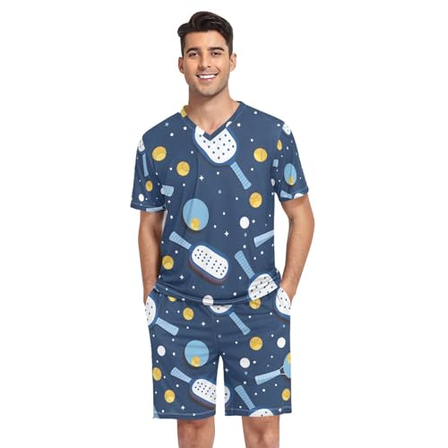 Men's Pajama Set Pickle Ball Pattern Short Sleeve with Shorts Pockets Sleepwear Set Summer Loungewear