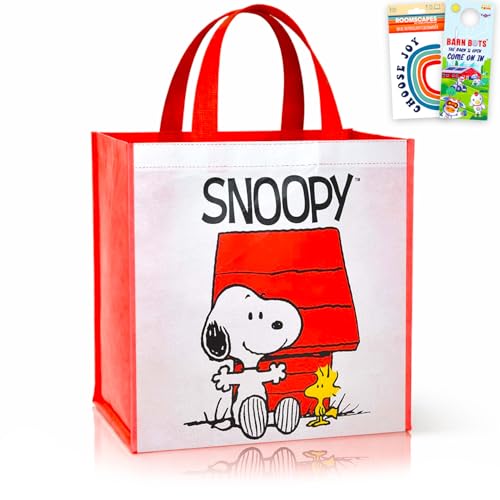 Snoopy Tote Bag Set - Bundle with Large Peanuts Reusable Tote Bag Plus Stickers More | Snoopy and Woodstock Grocery Bag for Kids Adults