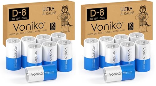 Voniko Ultra Alkaline D Batteries, Batteries D Size 16 Pack, 10-Year Shelf Life and 6-9 Times The Power as Carbon Batteries, Type D Battery 1.5 Volt