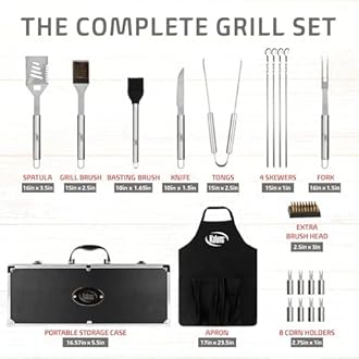 Kaluns BBQ Accessories Grill Tools, Mens Valentines Day Gifts for Him, Heavy Duty Stainless Steel Barbecue Grill Accessories for Outdoor Grill with Aluminum Case and Apron, Grilling Gifts for Men Dad
