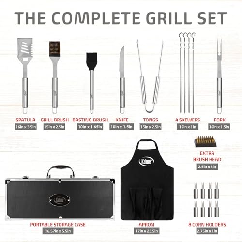 Kaluns BBQ Accessories Grill Tools, Mens Valentines Day Gifts for Him, Heavy Duty Stainless Steel Barbecue Grill Accessories for Outdoor Grill with Aluminum Case and Apron, Grilling Gifts for Men Dad
