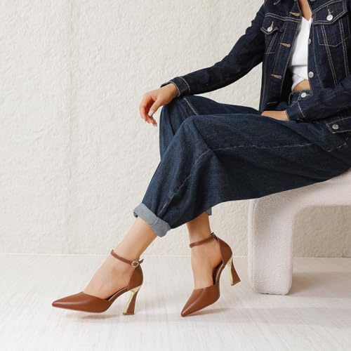 Image of RIBONGZ Comfortable Kitten Heels for Women Pointed Closed Toe Ankle Strap Buckle Heels Slip on Low Heel Church Pumps Wedding Bridal Party Dressy Shoes