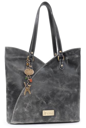 Catwalk Collection Handbags - Grand Cabas Femme - Sac Fourre Tout Fermeture Éclair - Sac à Main Porté Épaule Tulipe - Cuir Veilli - Abigail - Noir