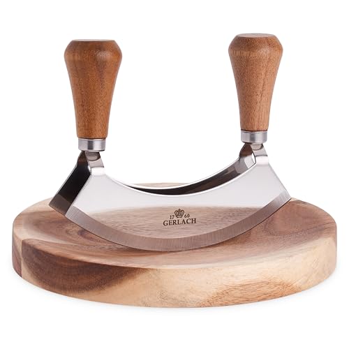 Gerlach 1760 Hachoir Demi-Lune Couteau À Herbes En Acier Inoxydable Avec Planche En Bois D'Acacia 2 Lames Natur