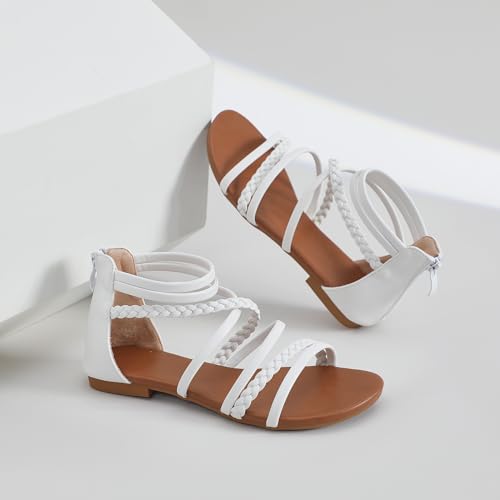 Image of youngshow Women's Braided Strappy Sandals - Open Toe Dressy Gladiator Flat Sandals with Back Zipper, Casual Summer Beach Shoes
