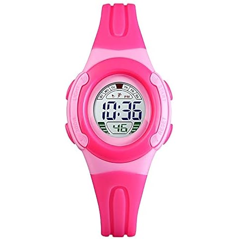 FeiWen Multicolour LED Light Digital Sport 50M Waterproof Watch for Boy Girl LED Electronic Stopwatch Alarm Multifunction Outdoor Military Watches Plastic Case with Rubber Band (Rose) Cover