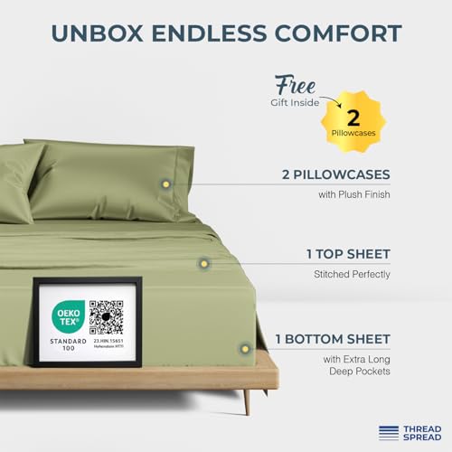 Image of THREAD SPREAD 100% Egyptian Cotton Sheets California King Size - 1500 Series Cal King Sheets Egyptian Cotton (4 PC, Sage Green), Silky Soft, Sateen Weave, Cooling & Breathable, 17 inch Deep Pocket Bed Set