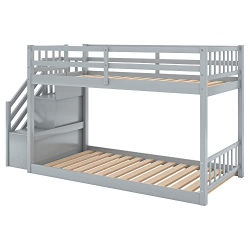 BIADNBZ Twin Over Twin Floor Bunk Bed with Storage Stairs, Wooden Low Bunkbeds Frame for Kids Teens Bedroom, Space Saving Design, Gray