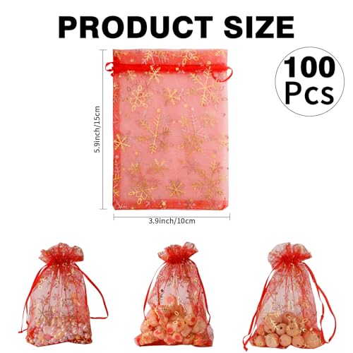 Image of Snowflake Organza Bags, 100 PCS Christmas Sheer Organza Bags with Drawstring 4 x 6 inch, Jewelry Gift Bag, Red Small Mesh Goodies Xmas Wedding Favor Mini Candy Pouches Bag for Christmas Party Favors