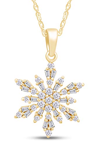 AFFY Snowflake Pendant Necklace for Women, Baguette & Round Cubic Zirconia or Moissanite in 14K Gold Over 925 Sterling Silver, Dainty Winter Charm Jewelry Gift with 18