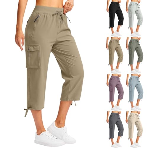Cargo Capris for Women Casual Drawstring Capris Pants with Pockets Summer Lightweight Quick Dry Hiking Pants Elastic Waist Baggy Wide Leg Cropped Pant Outdoor Travel Pant for Camping Golf A-Black
