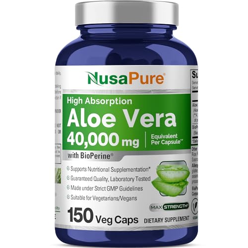 NusaPure Aloe Vera 40,000mg Per Veggie Caps - 150 Count - Aloe Vera Gel Supplement - Extract 200:1, Vegetarian, Non-GMO, Bioperine