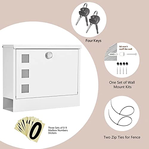 Land·voi Locking Mailbox Wall Mounted, Metal Postbox With Three Sets Of Mail Box Number Stickers, 4 Keys, 14.4" X 4.5" X 11.2", Large Capacity, Textured White #TOP2