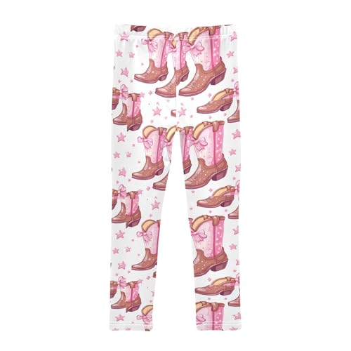 Brown Cowgirl Boots Pink Bows Girls Leggings Kids Yoga Pants Dance Active Tights 4T2