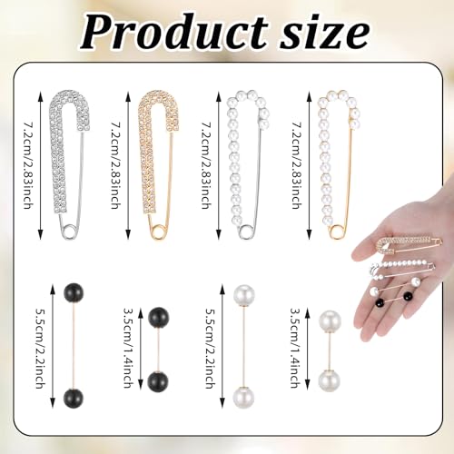 Image of 8Pcs Women Brooch Pins, Sweater Shawl Clips Brooches and Pins for Women Artificial Crystal Pearl Brooches Pant Waist Tightener Safety Clips for Dress Shirt Jeans Clothing Decoration Accessories