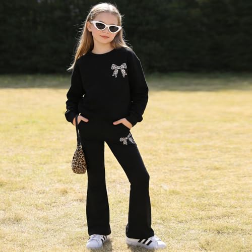 Image of Tween Girls Clothes Long Sleeve Graphic Sweatshirt Top + Bow Knot Pants 2 Piece Outfit Set, Size 7-16Years