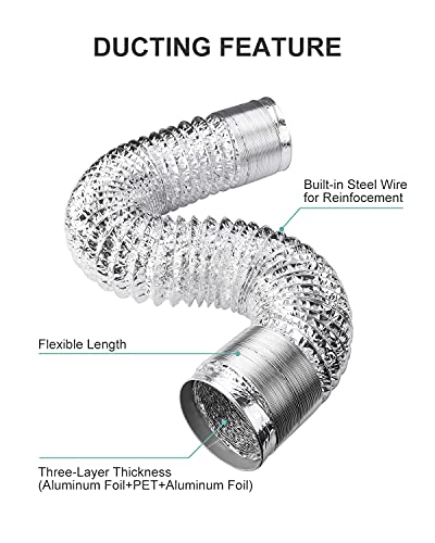 Cannabmall 4 Inch 10 Feet Dryer Vent Hose Non-Insulated Flexible Air Aluminum Ducting Tube Pipe For Hvac Ventilation Exhaust Grow Tent 4"10Ft Dryer Foil Air Duct With 2 Clamps #TOP3