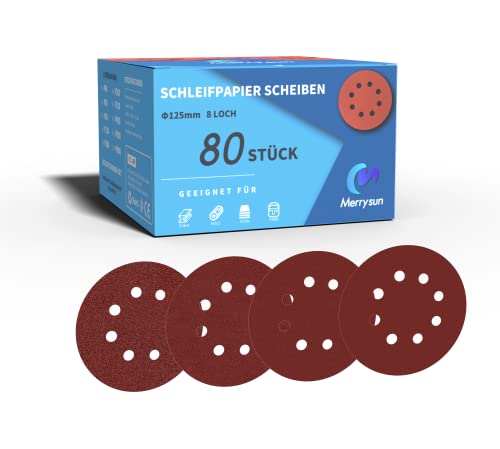 MERRYSUN Lot de 80 disques abrasifs professionnels Ø 125 mm - Pour ponceuse excentrique - Grain P40-800 - 8 trous - Pour bois, métal, couleur Cover