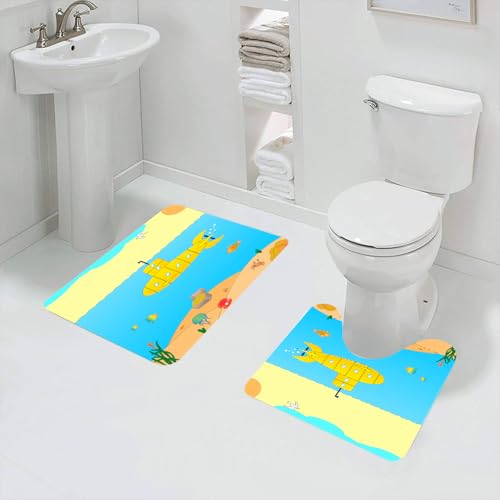 QRFASFZO Juego de Alfombrillas de baño, 2 Piezas,Antideslizantes,para baño y Inodoro,Submarino Amarillo, Dibujos Animados bajo el mar, Aventura, Medusas, Cofre del Tesoro,Alfombra baño Secado rapido