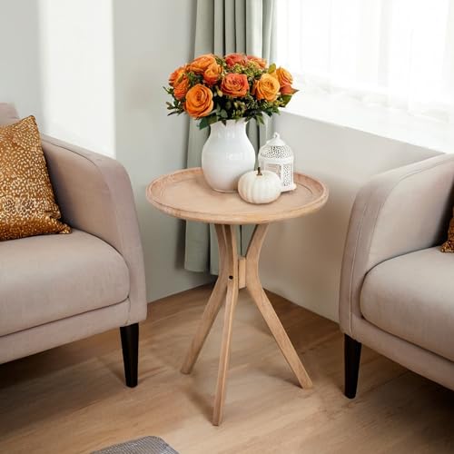 Farmhouse Side Table, Natural Wood Tray Top Sofa End Table, Soild...