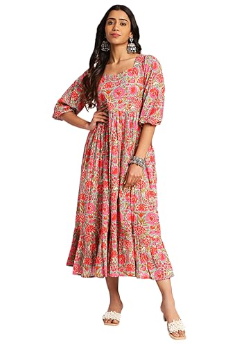 Image of Janasya Women's Cotton Floral Printed Flared Dress