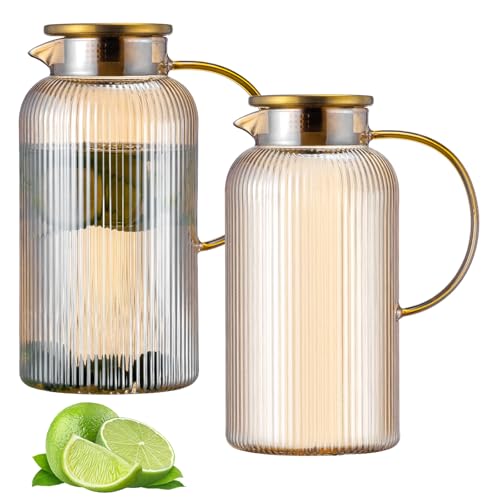 2 PACK Glass Pitcher with Lid, 68 oz/ 2 Liter Amber Classic Vertical Stripes Water Pitcher,Glass Water Carafe for Cold Brew, Coffee, Lemonade, Iced Tea,Beverage, Heat Resistant Water Glass Jug