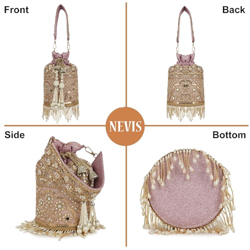 Image of Nevis Silk Fabric Designe Embroidered Potli Bag with Pearl Tassels & Beaded Strap | Bridal Ethnic Drawstring Clutch for Wedding