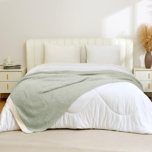 Image of Snuggle Sac Heather Throw Blanket for Couch, Reversible Super Soft Blankets Warm Cozy Knit Fuzzy Plush Lightweight for Sofa, Bed, Camping, Picnic (Sage Green, Twin (60 inchx80 inch))