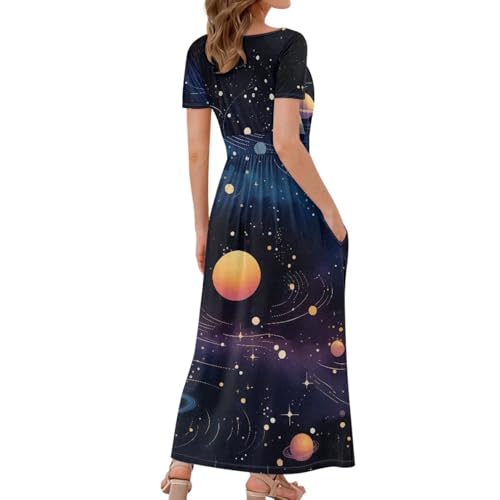 Image of Women's Fall Summer Short Sleeve Ankle Length V-Neck Party Dress with Pockets Size S-3XL