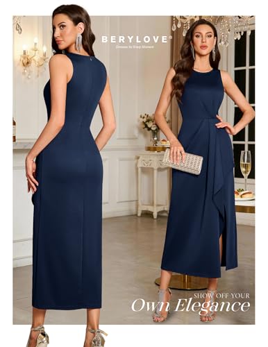BeryLove Women's Formal Long Prom Dress with Slit Classy Round Neck Wedding Guest Mother of the Bride Dresses Ruched Maxi Sleeveless Cocktail Party Gala Gown Navy M — view 2