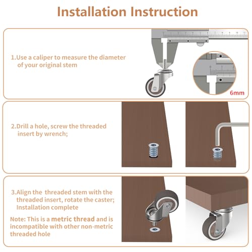 1.25" Small Threaded Stem Casters, M6 Swivel Furniture Wheels, TPR Silent, Mounting for Storage Cart, Shelving Unit, Coffee Table, 4 Pcs