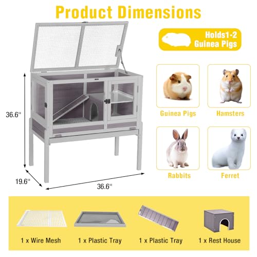 Aivituvin 2-Story Indoor Rabbit Hutch Guinea Pig Cage with Stand, Wooden Bunny Cage Small Animal Cages with Chew-Proof Ramp, Pull-Out Tray & Leakproof PVC Layer (Grey)