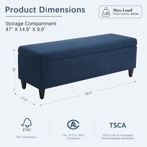 Image of Storage Ottoman Bench, 50.3 inch Fabric Upholstered End of Bed Bench (Blue)
