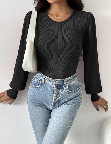 Image of Zeagoo Womens Sweaters Long Sleeve Bodysuits 2026 Fall Crewneck Puff Knit Pullover Tops