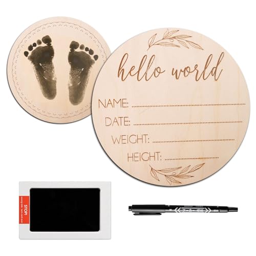 Image of Baby Announcement Sign, 6.7 Inch Birth Announcement Sign for Hospital, Baby Welcome Sign, Hello World Newborn Sign, Comes with Marker Pen and Ink Pad for Baby Hand and Footprints and Text Writing
