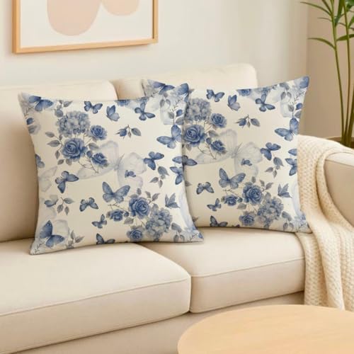 Image of Jaipur Weaves Cushion Cover 16 Inch X 16 Inch - Set of 2, Butterfly Print 180 GSM Decorative Soft Cushion Covers for Sofa /Bed /Chair, Gift for Home Decor (Blue Butterfly, 2)