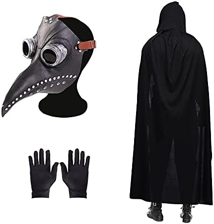 Plague Doctor Mask Halloween Bird Mask Retro Rivet Steampunk Latex Mask Halloween Costume Props with Black Hooded Cloak, Black Gloves for Halloween Party Cosplay Masquerade