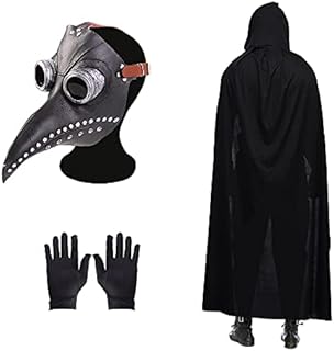 Plague Doctor Mask Halloween Bird Mask Retro Rivet Steampunk Latex Mask Halloween Costume Props with Black Hooded Cloak, Black Gloves for Halloween Party Cosplay Masquerade
