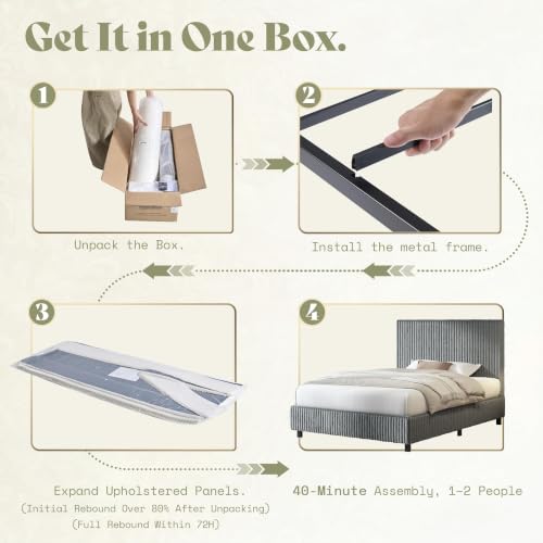 Image of AMERLIFE Upholstered Bed Frame, Metal Bed with Headboard, Twin Light Grey