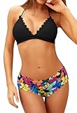 SHEKINI Women's Scalloped Bathing Suit Triangle Bikini Halter Sexy Floral Two Piece Swimsuits(Manhattan Black, Medium)