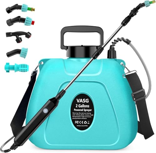 VASG 2 Gallon Battery Powered Garden Sprayer, Electric Sprayer, Weed Yard Lawn Sprayers with 5 Mist Nozzles & Retractable Wand & Adjustable Strap for Lawn, Garden, Yard
