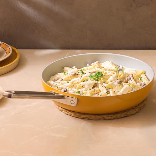 Image of Ember Cookware Arcilla Ceramic Frying Pan 24cm | Non Stick Induction Cookware | Non Toxic Pan | ISI Certified | Ceramic Fry Pan for Cooking | Steel Handle | 5-Year Warranty | Benares Gold