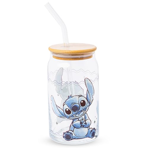 Silver Buffalo Disney Lilo and Stitch Sitting Glass Jar Tumbler with Bamboo Lid and Glass Straw, 16 Ounces