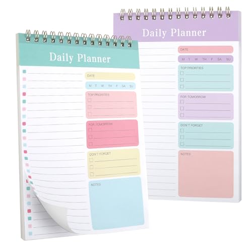 2pcs To Do List Pad, A5 Daily Planner Notepad, Checklist Things To Do Today, Coiled Undated Schedule Notebook, To Do Planner, Daily Task List Pad for Work Study Productivity(Purple, Green)